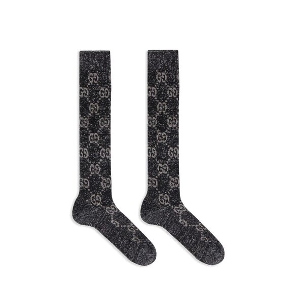NEW GUCCI SOCKS LUREX BLACK SILVER GG PRINT LOGO Knee Sz S - Picture 1 of 6